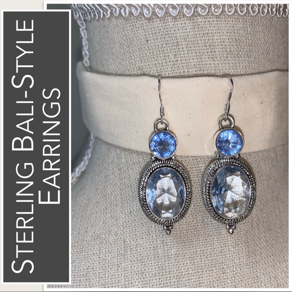 Sterling Earrings Set with Blue Stones - Bali-style with Bead Detailing - Picture 4 of 8